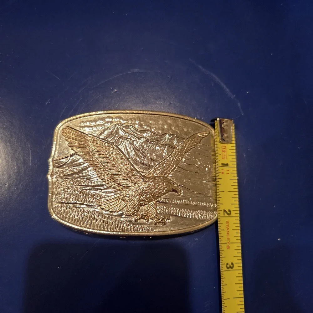 Soaring Eagle Mountain Scene Belt Buckle Brass Gold Tone Rectangular